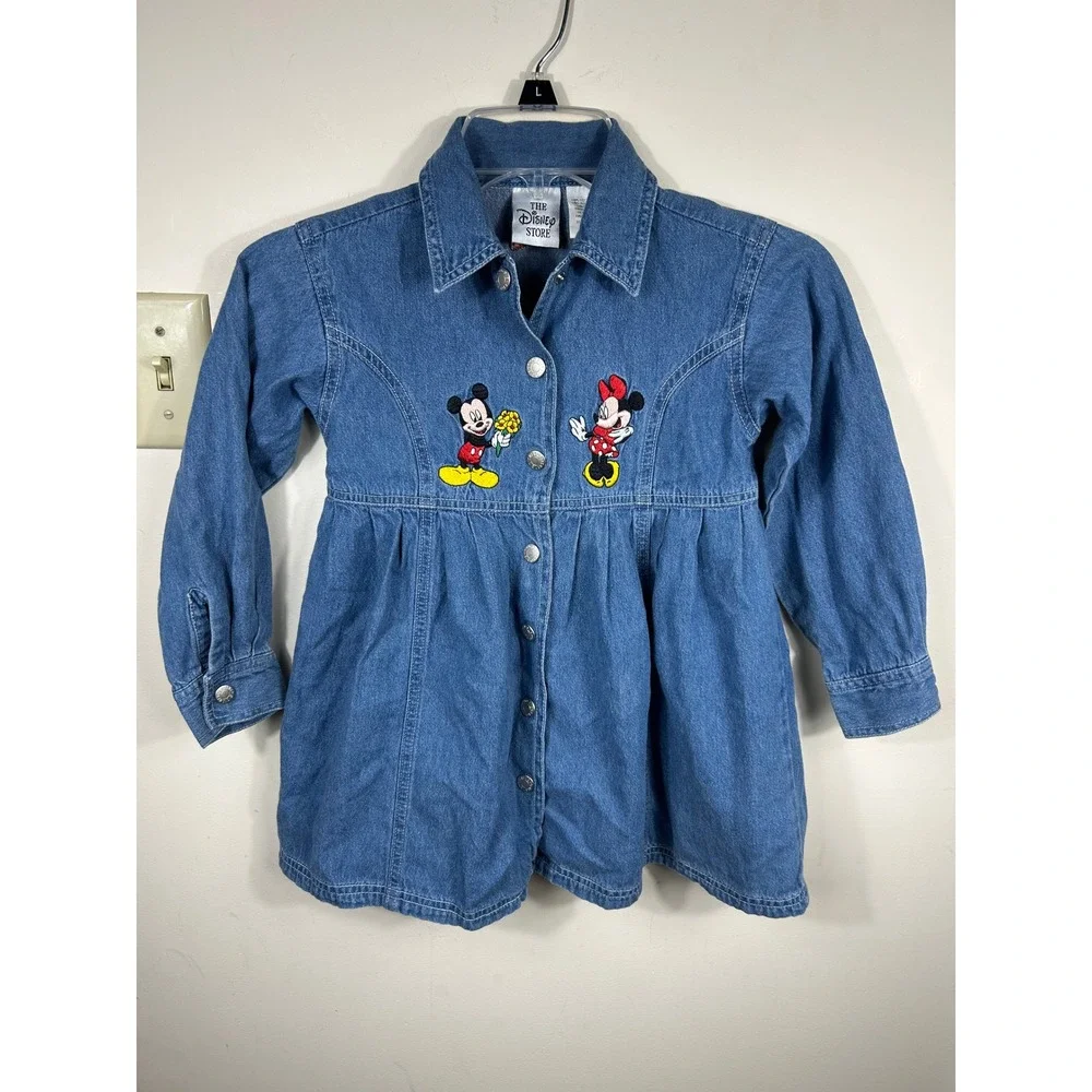 VTG Disney Store Denim Dress Girls 4/5‎ Mickey Minnie Mouse Embroidered 90s